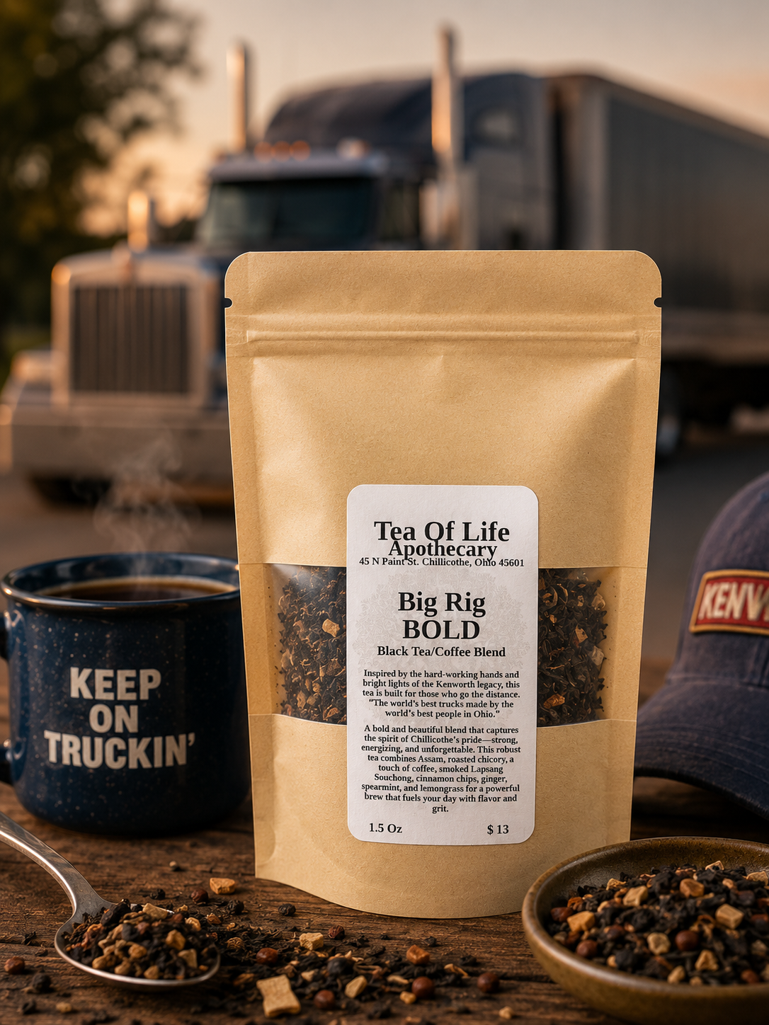 Tea of Life Apothecary Big Rig BOLD Black Tea and Coffee Blend with a steaming mug, loose tea and coffee blend, and a blurred semi truck in the background, celebrating hardworking truck drivers.
