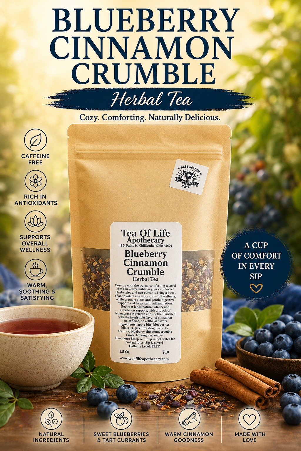 Blueberry Cinnamon Crumble Herbal Tea by Tea of Life Apothecary displayed with fresh blueberries, cinnamon sticks, and a warm cup of herbal tea in a cozy rustic setting.