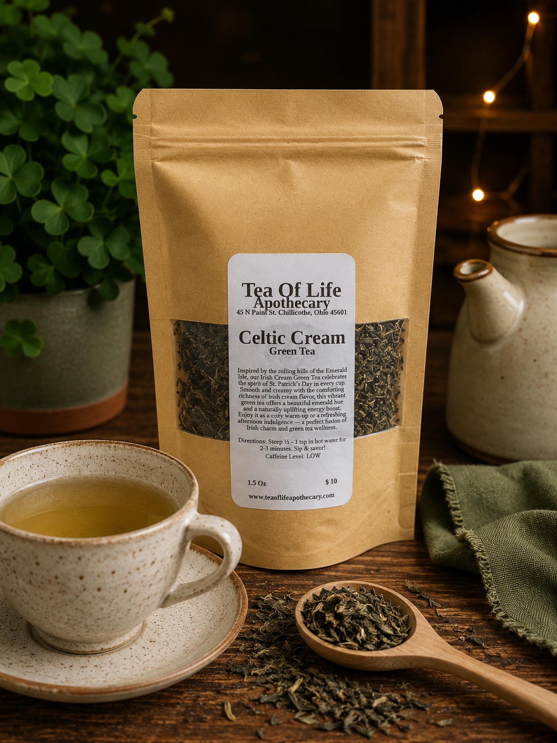 Celtic Cream Green Tea by Tea of Life Apothecary displayed beside a steaming cup of green tea with loose tea leaves, shamrocks, and rustic Irish-inspired décor. This smooth Irish cream flavored green tea offers a rich, creamy taste with a naturally uplifting finish.