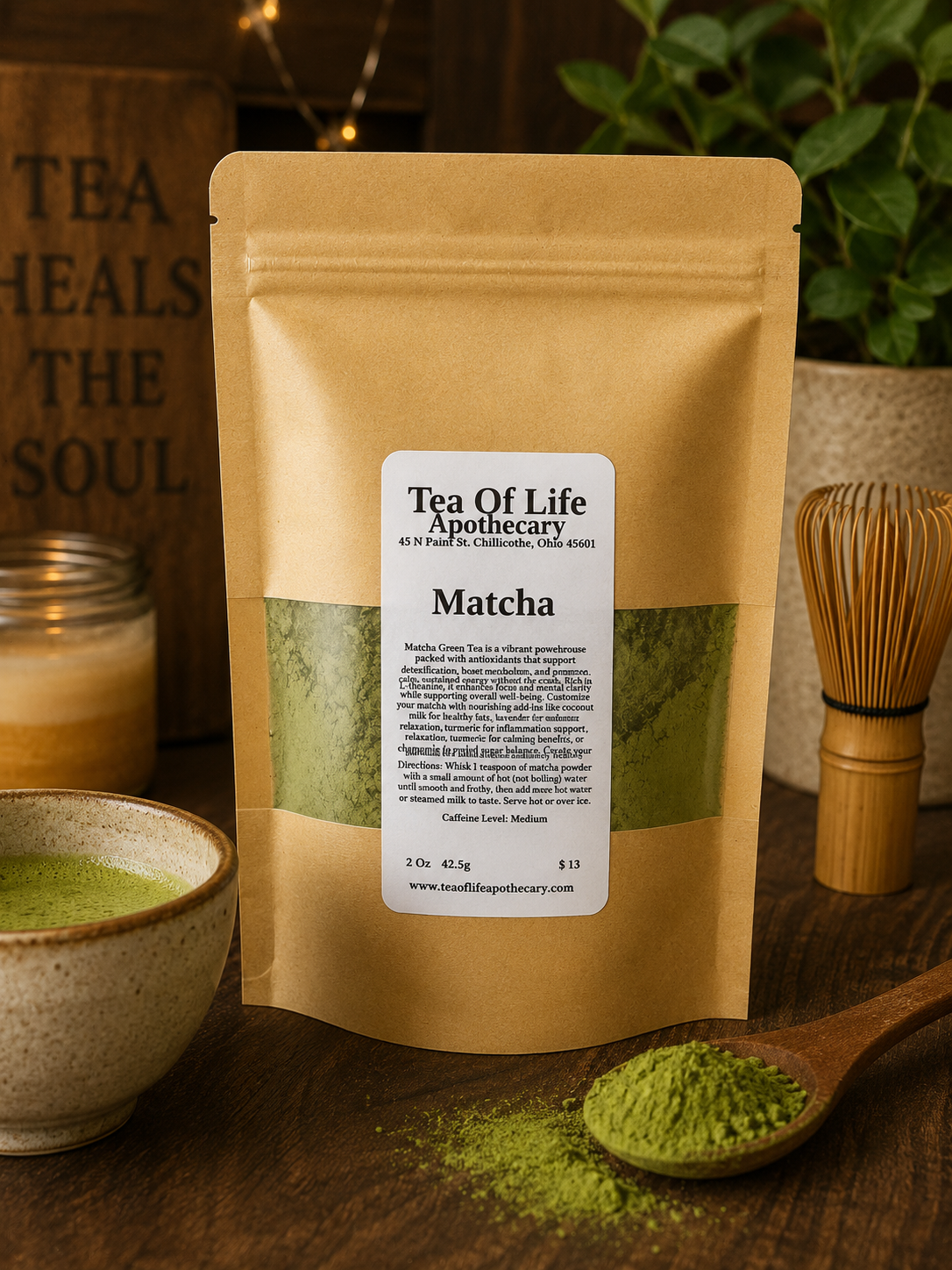 Tea of Life Apothecary Matcha Green Tea powder in a resealable kraft pouch displayed with a traditional bamboo whisk, vibrant matcha powder, and a freshly whisked bowl of matcha on a rustic wooden table. This premium antioxidant-rich green tea provides smooth, sustained energy, mental clarity, and supports overall wellness.