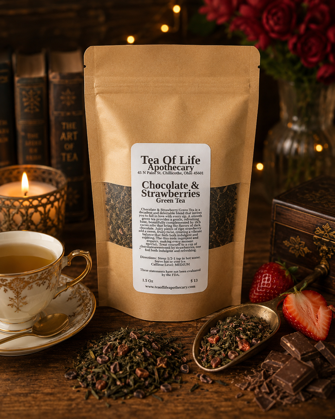 Tea of Life Apothecary Chocolate & Strawberries Green Tea in a resealable kraft pouch displayed with fresh strawberries, rich chocolate pieces, loose green tea leaves, and a steaming cup of tea on a rustic wooden table.