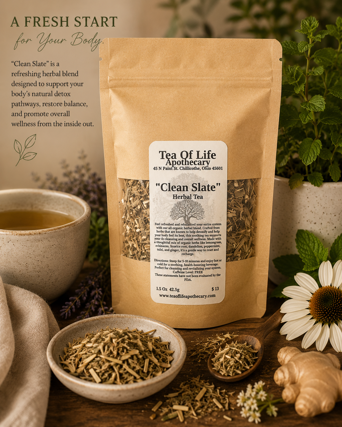 Clean Slate Herbal Tea by Tea of Life Apothecary displayed in a warm rustic setting with detox herbs, fresh mint, ginger root, loose leaf tea, and a calming cup of herbal tea designed to support natural cleansing, balance, and wellness.