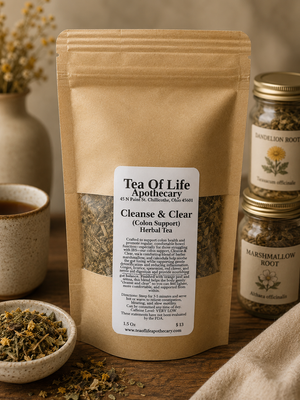 Cleanse & Clear Colon Support Herbal Tea by Tea of Life Apothecary displayed in a rustic apothecary setting with loose herbal tea, ceramic tea cup, and warm natural lighting to highlight digestive, colon, and gentle detox support.