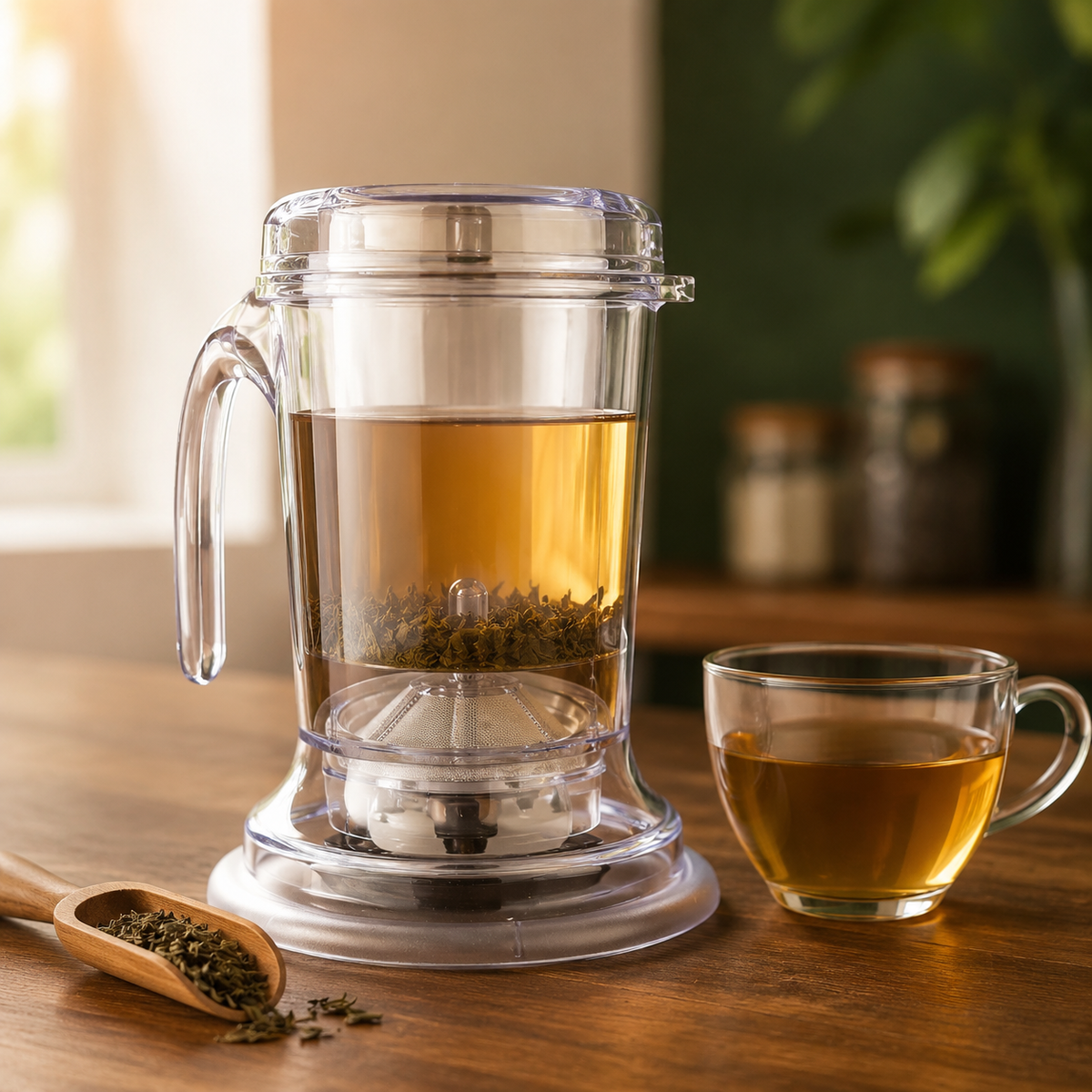 Clear gravity-style loose-leaf tea infuser brewing golden tea beside a glass teacup and wooden scoop of tea leaves.