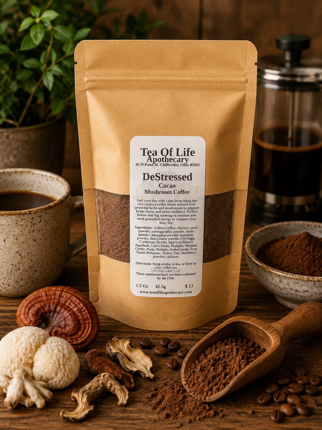 Tea of Life Apothecary DeStressed Cacao Mushroom Coffee displayed with rich cacao powder, freshly brewed coffee, Lion's Mane and Reishi mushrooms, whole coffee beans, and a French press on a rustic wooden table. This adaptogenic mushroom coffee blend combines Arabica coffee, cacao, functional mushrooms, and botanicals to promote calm focus, stress resilience, and sustained energy.