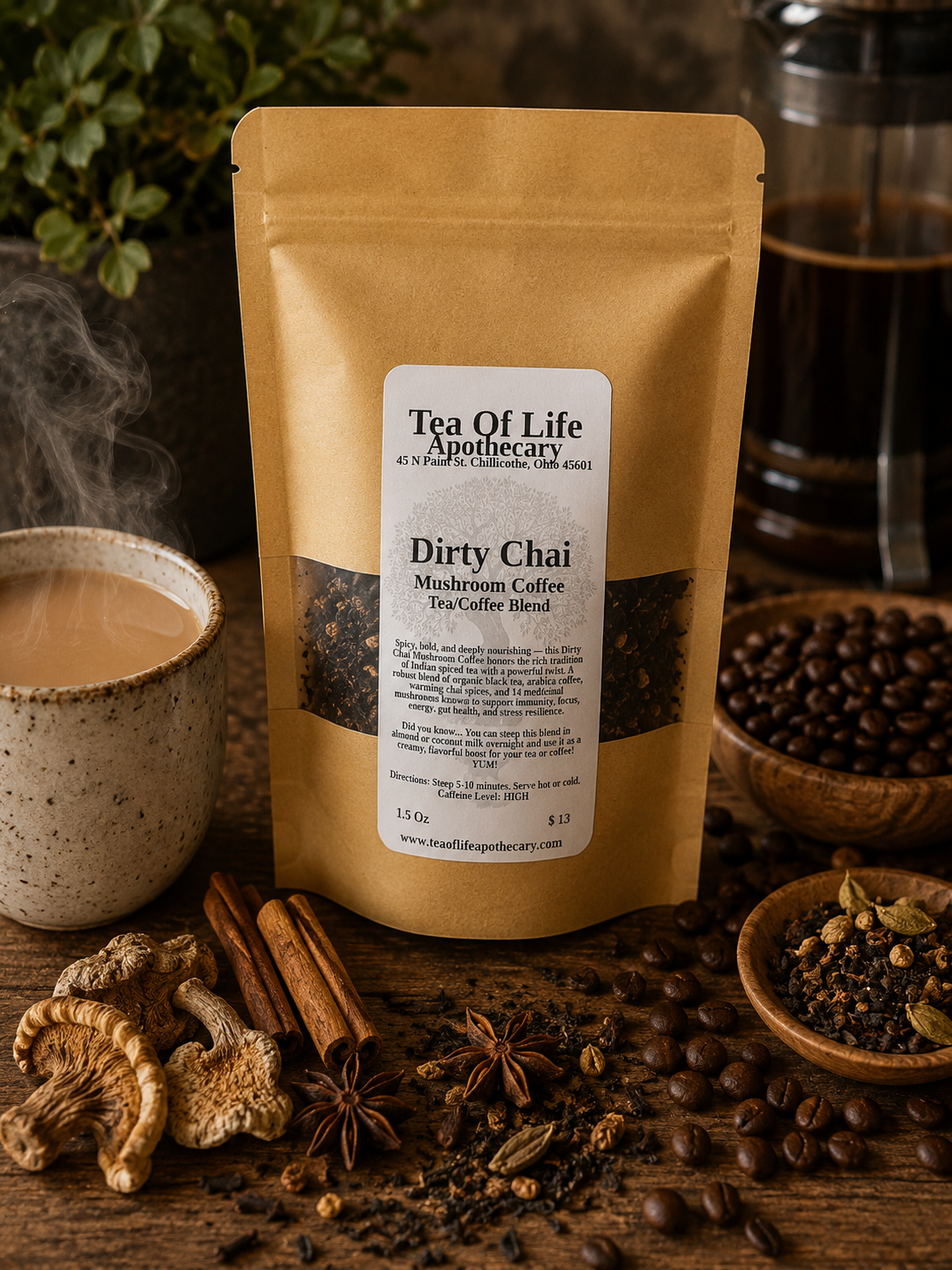 Tea of Life Apothecary Dirty Chai Mushroom Coffee Tea Blend displayed with freshly brewed coffee, whole coffee beans, cinnamon sticks, star anise, cardamom, medicinal mushrooms, and chai spices on a rustic wooden table, showcasing this bold, energizing tea and coffee fusion.