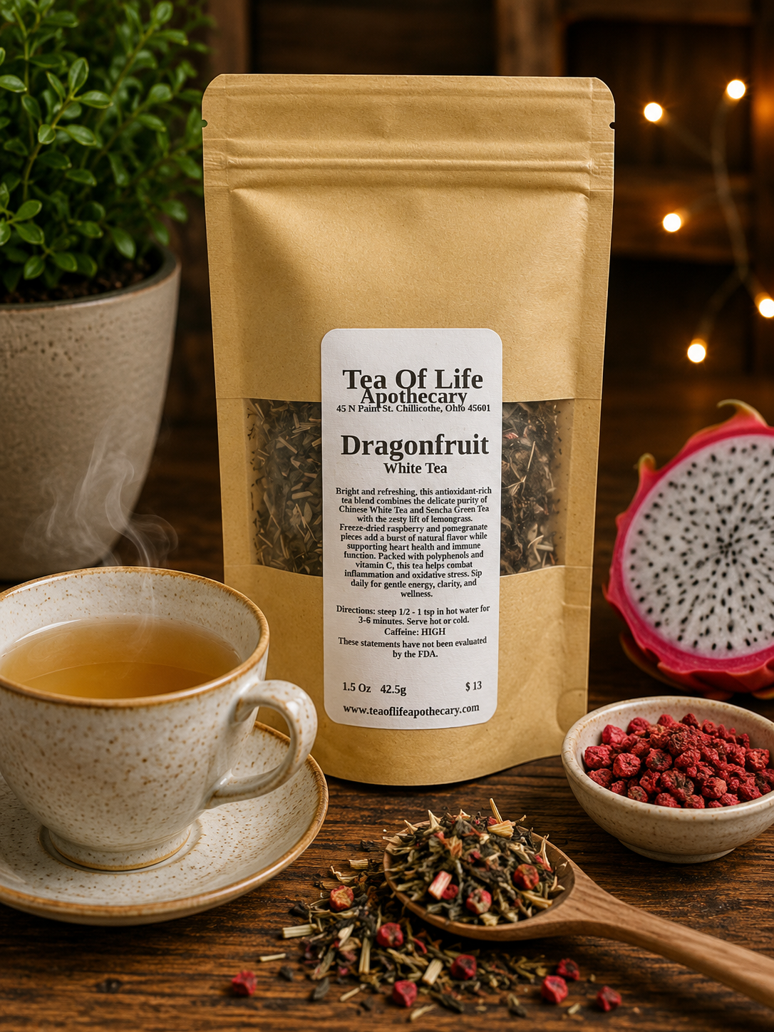 A stand-up pouch of Tea Of Life Apothecary Dragonfruit White Tea stands on a wooden table, surrounded by a cup of tea, loose dried tea, a small bowl of red dragonfruit pieces, and a sliced dragonfruit. The scene is warmly lit with string lights in the background.