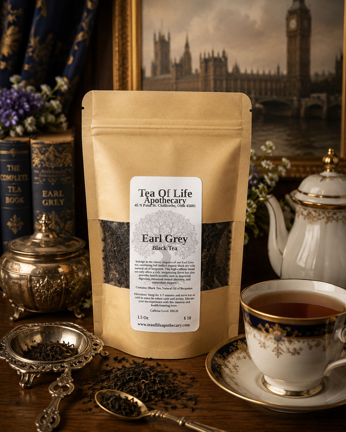 Tea of Life Apothecary Earl Grey Black Tea displayed with loose leaf black tea, an elegant porcelain teacup, antique silver tea accessories, and a regal English-inspired setting featuring a softly blurred view of London in the background. This premium loose leaf Earl Grey is naturally flavored with bergamot for a smooth, citrus-forward, full-bodied tea experience.