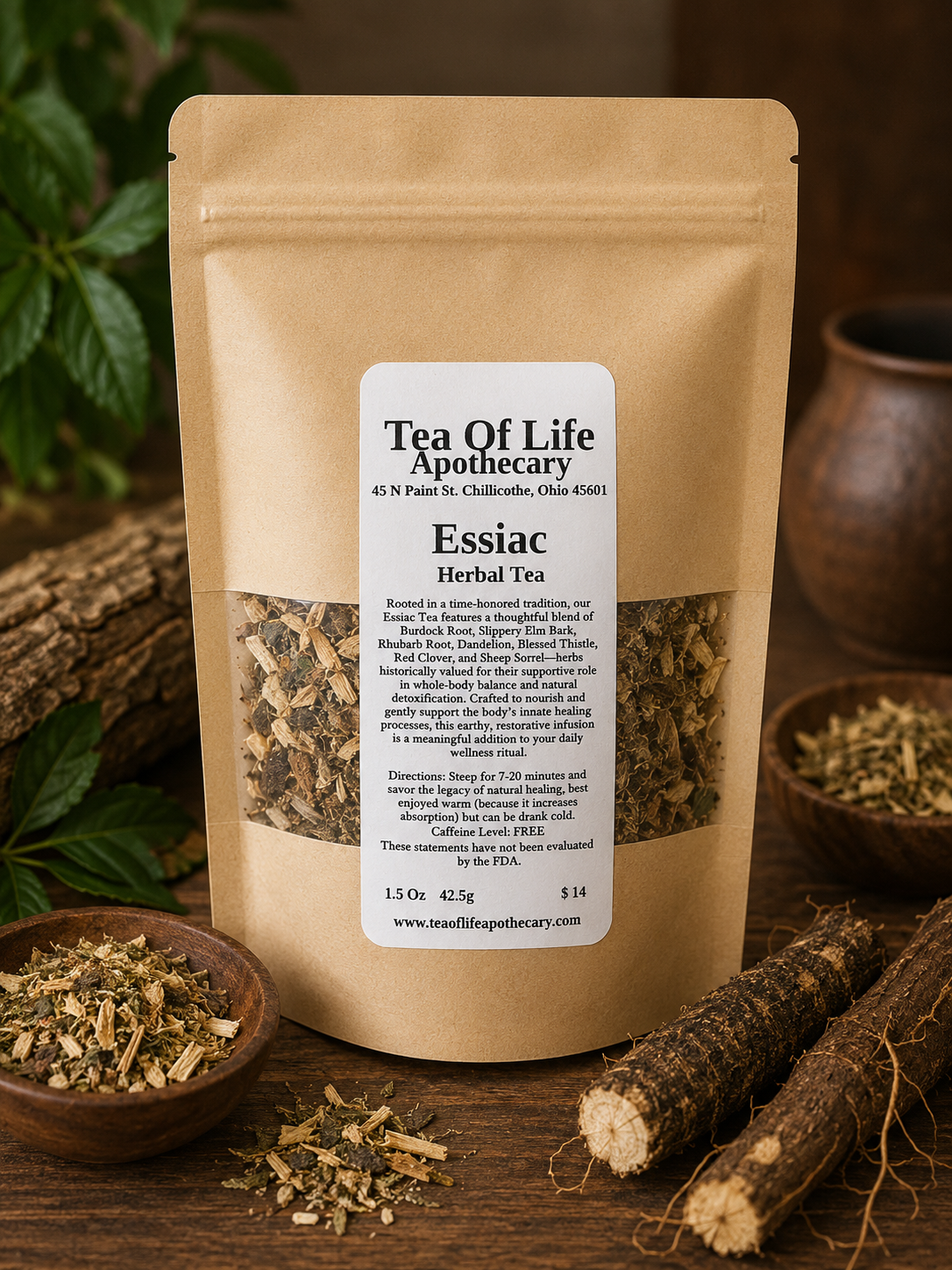 Essiac Herbal Tea by Tea of Life Apothecary displayed in a rustic herbal apothecary setting with burdock root, slippery elm bark, sheep sorrel, and red clover designed to support detoxification, wellness, and whole-body balance.