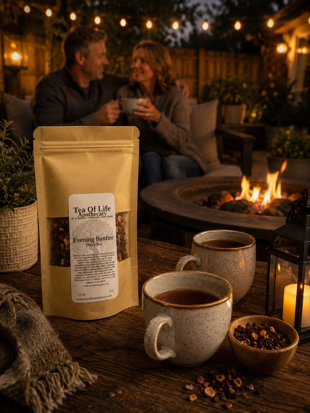 Tea of Life Apothecary Evening Bonfire Black Tea, a loose leaf smoky black tea blend displayed with steaming mugs, loose tea leaves, and a cozy backyard bonfire where a couple enjoys tea together on a peaceful evening.