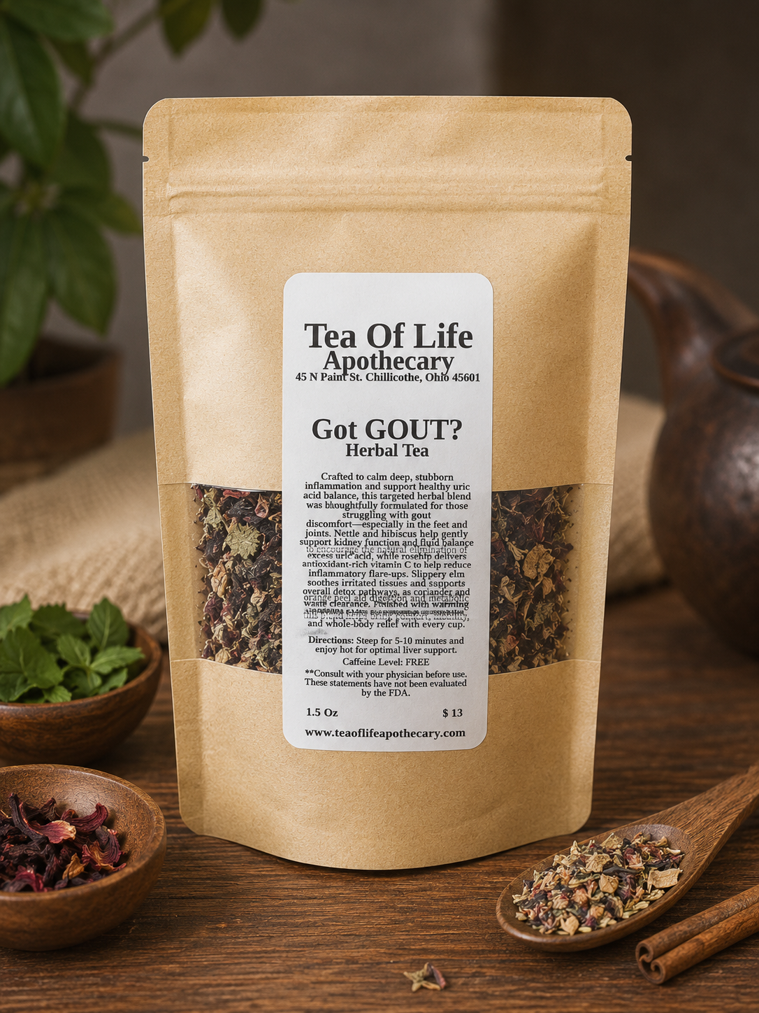 Got GOUT? Herbal Tea by Tea of Life Apothecary displayed in a rustic apothecary setting with herbal ingredients including nettle, hibiscus, rosehips, and cinnamon designed to support uric acid balance and joint comfort.