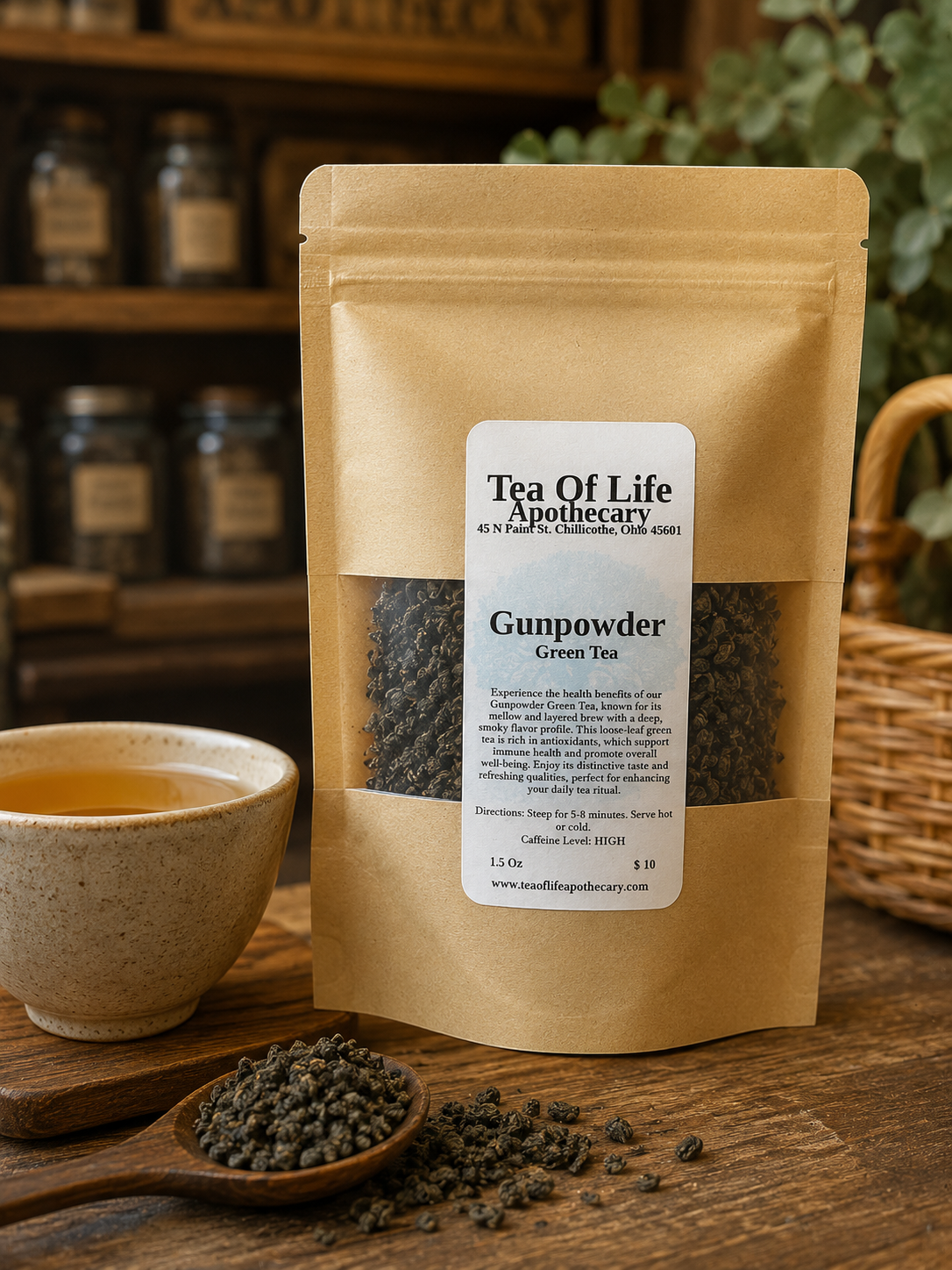Tea of Life Apothecary Gunpowder Green Tea loose-leaf tea in a kraft pouch displayed on a rustic wooden table with a steaming cup of green tea and loose gunpowder tea leaves, highlighting its rich, smoky flavor and premium quality.