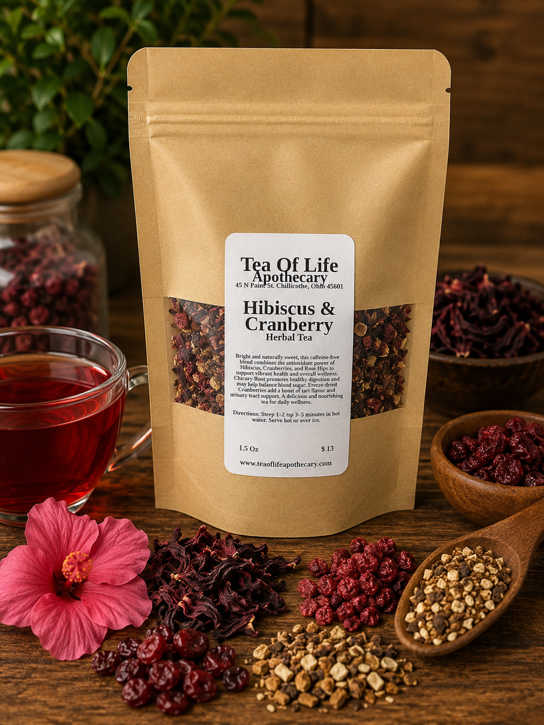 Tea of Life Apothecary Hibiscus & Cranberry Herbal Tea displayed with dried hibiscus petals, cranberries, rose hips, chicory root, and a vibrant ruby-red cup of herbal tea on a rustic wooden table. This naturally caffeine-free antioxidant herbal blend offers a refreshing tart, fruity flavor and can be enjoyed hot or iced.