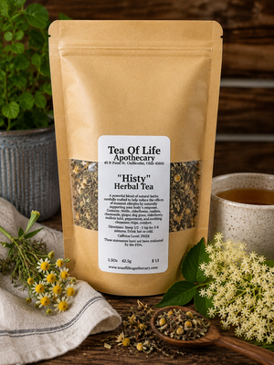 Histy Herbal Tea by Tea of Life Apothecary displayed with elderflower, chamomile, herbal ingredients, and a warm cup of tea in a rustic allergy-support wellness setting.