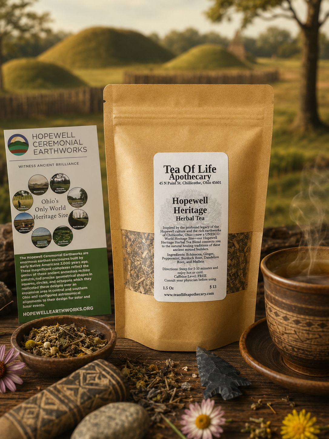 Tea of Life Apothecary Hopewell Heritage Herbal Tea displayed in a rustic setting with a steaming cup of herbal tea, native-inspired artifacts, and the Hopewell Ceremonial Earthworks UNESCO World Heritage Site mounds in the background, celebrating Chillicothe, Ohio's ancient cultural heritage.
