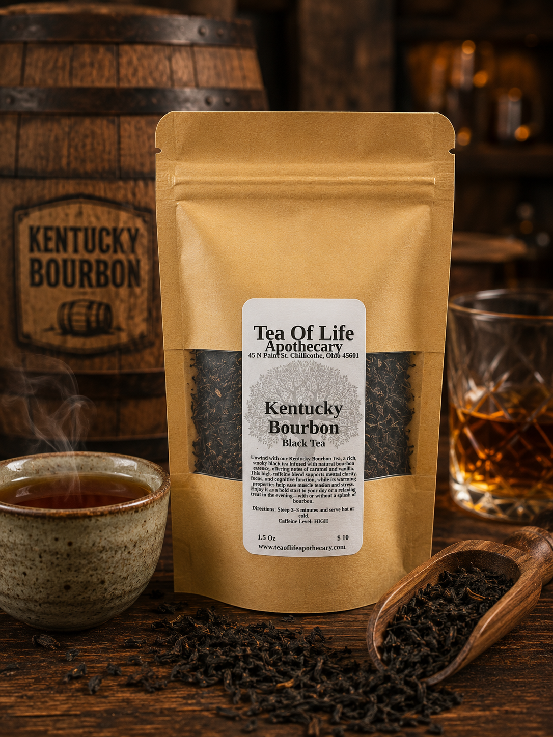 A stand-up pouch of Kentucky Bourbon black tea from Tea Of Life Apothecary, styled on a rustic wooden table with a ceramic cup of tea, a wooden scoop of loose leaves, and a glass of amber liquid in the background.