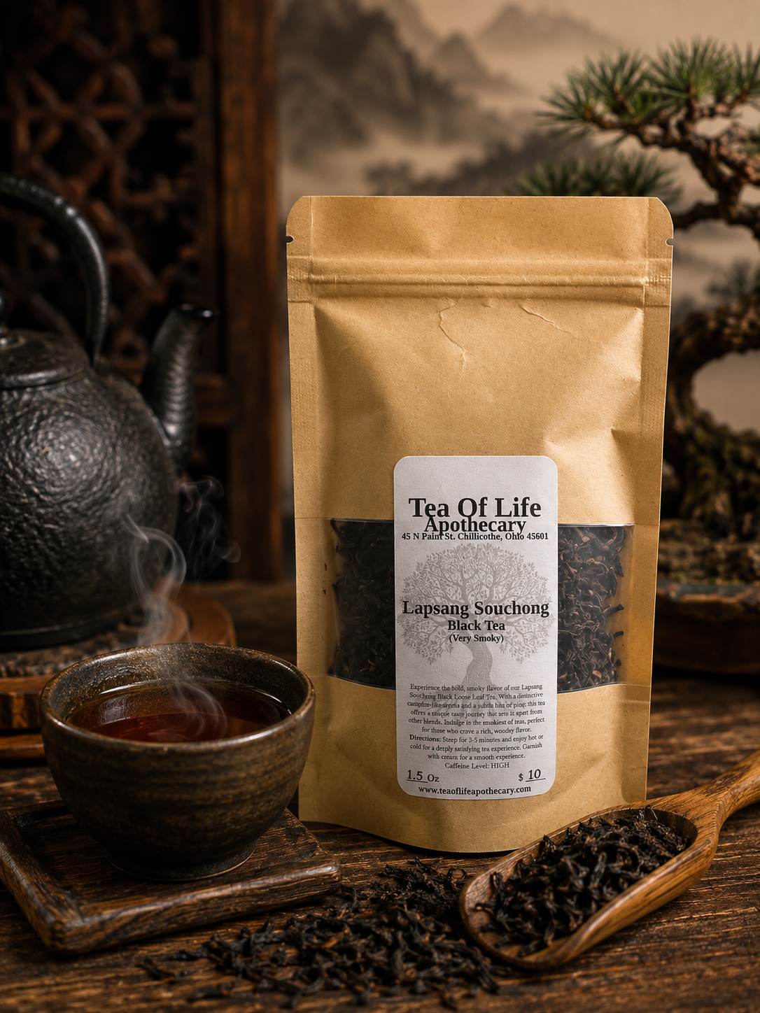 A stand-up pouch of Tea Of Life Apothecary Lapsang Souchong Black Tea stands on a wooden surface with a cup of tea, loose tea leaves, and a wooden spoon in a styled tea setting.