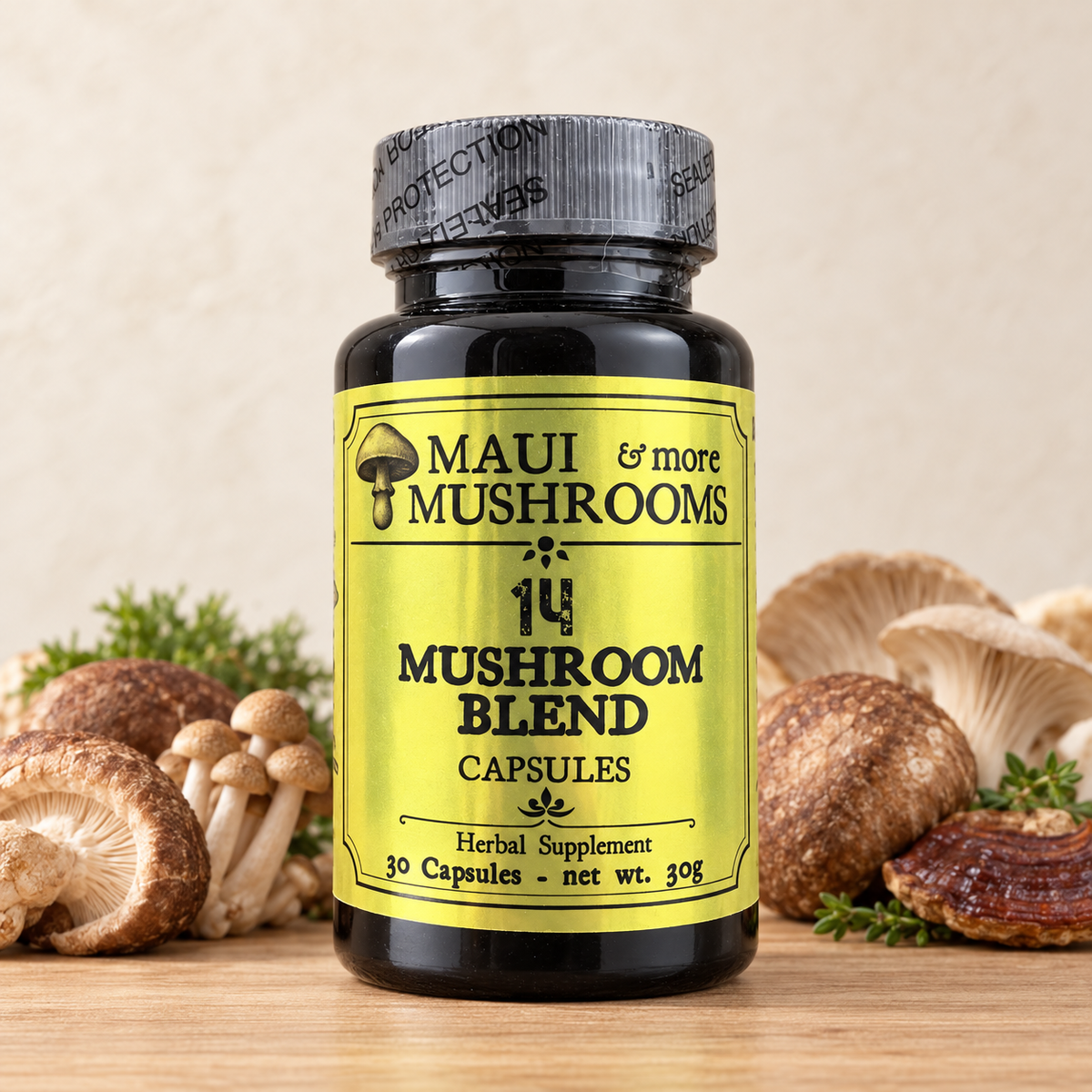 Maui & More 14 Mushroom Blend herbal supplement bottle containing 30 capsules, available from Tea of Life Apothecary.