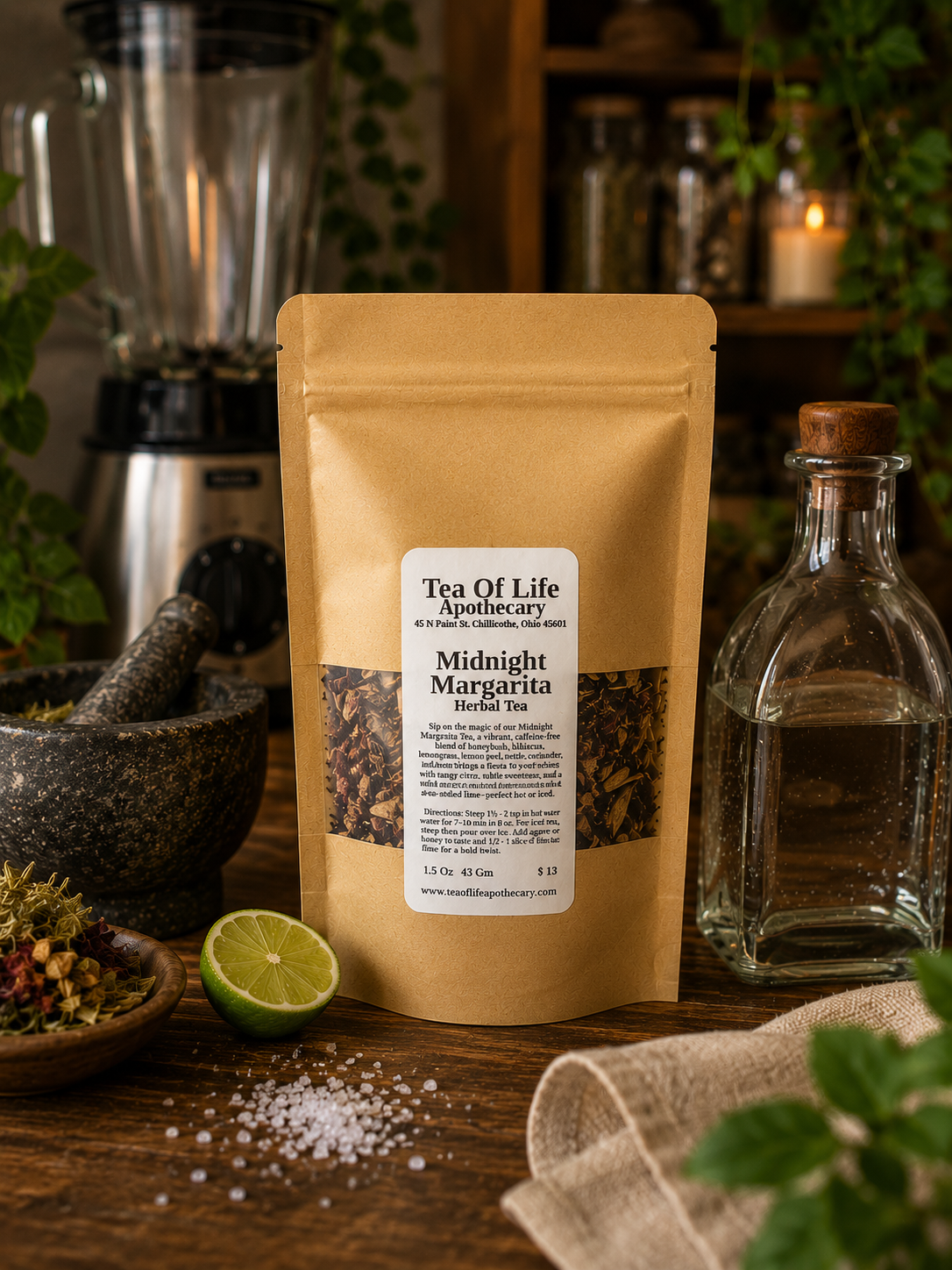 A stand-up pouch of Tea Of Life Apothecary Midnight Margarita Bold Tea is displayed on a rustic wooden table, surrounded by ingredients including a lime wedge, coarse salt, dried herbs, a glass bottle, and a mortar and pestle, with a blender and shelves of tea in the softly blurred background.