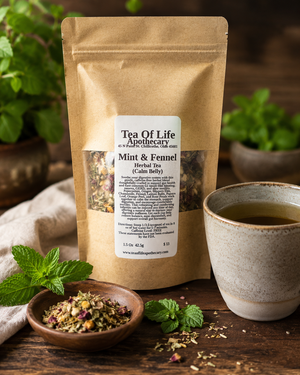Mint and fennel herbal tea by Tea of Life Apothecary displayed in a rustic setting with loose leaf herbs, fresh mint leaves, and a warm cup of tea for digestive and gut health support.