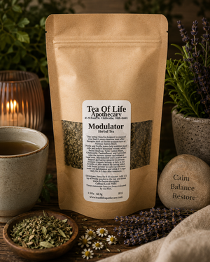 Modulator Herbal Tea by Tea of Life Apothecary displayed in a calming rustic setting with soothing herbs, lavender, and a warm cup of tea designed to support nervous system regulation, relaxation, and neuro-immune balance.