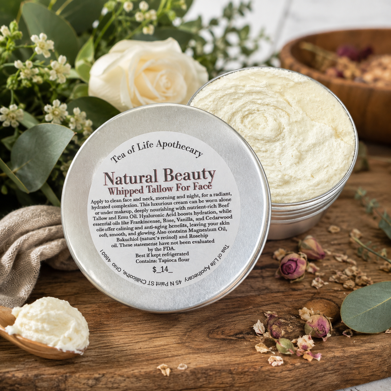 Natural Beauty Whipped Tallow for Face by Tea of Life Apothecary in an open aluminum tin, featuring rich whipped beef tallow blended with emu oil, hyaluronic acid, bakuchiol, rosehip oil, and botanical essential oils for deep hydration and radiant, healthy-looking skin.