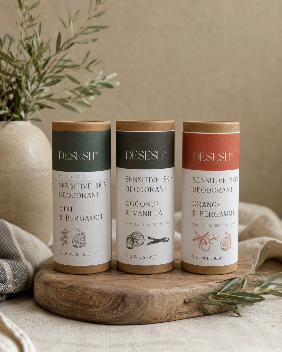 Three natural sensitive skin deodorants displayed on a rustic wooden board in a soft, neutral setting. Scents include Mint & Bergamot, Coconut & Vanilla, and Orange & Bergamot in eco-friendly cardboard tubes.