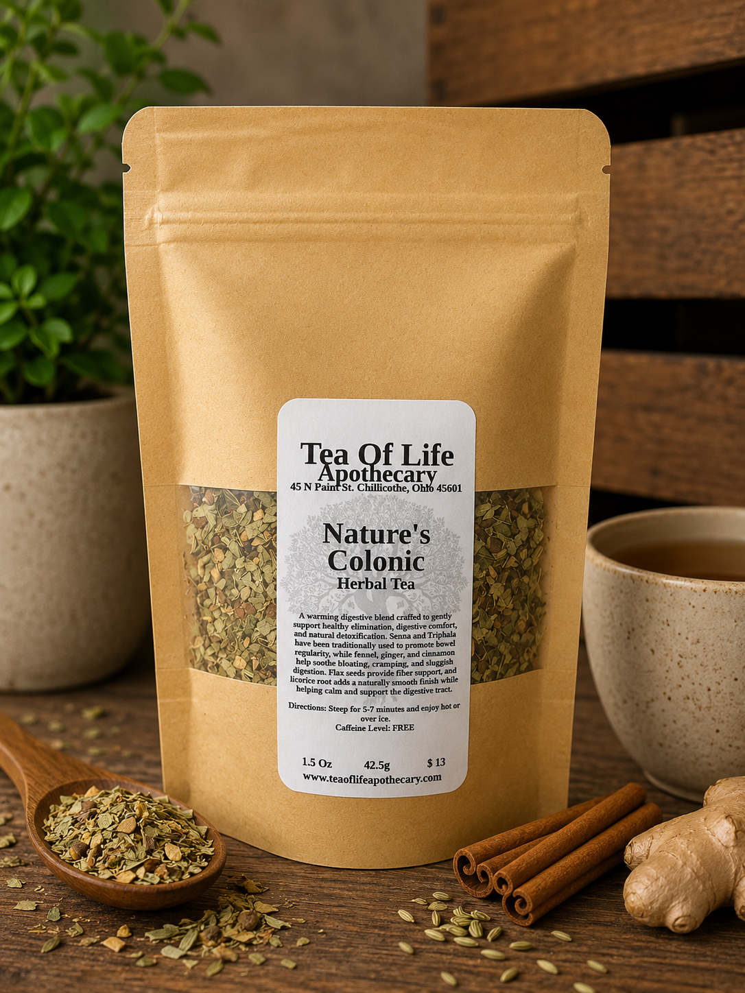 Tea of Life Apothecary Nature's Colonic Herbal Tea in a kraft paper pouch displayed with loose herbal ingredients, cinnamon sticks, ginger root, and a cup of herbal tea on a rustic wooden table, highlighting a natural digestive support and colon cleanse herbal tea blend.