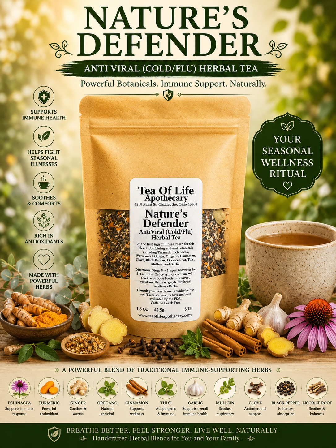 Nature’s Defender Anti Viral Herbal Tea by Tea of Life Apothecary displayed with ginger, garlic, echinacea, turmeric, cinnamon, and a warm cup of tea in a cozy immune-support setting.