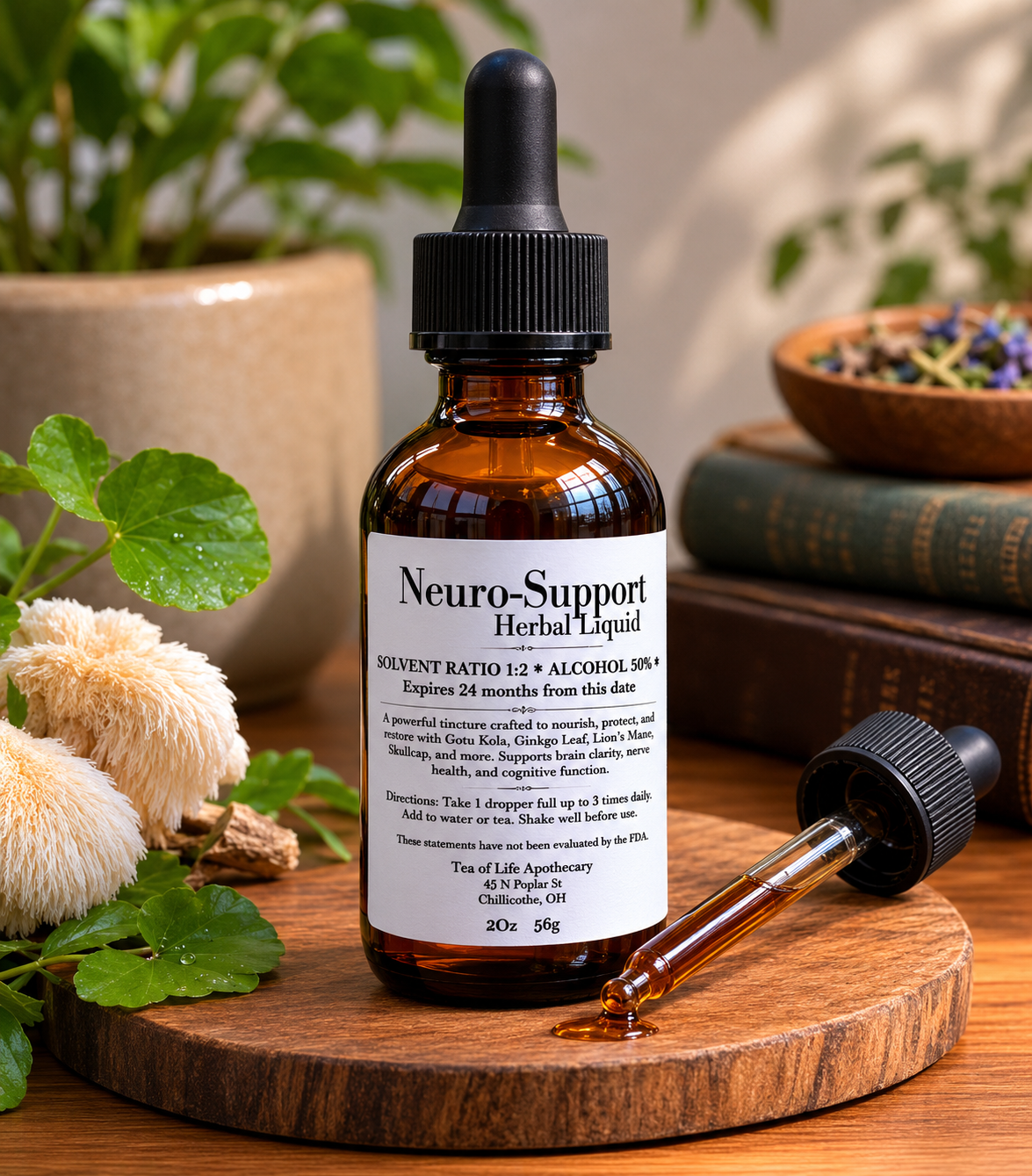 Neuro-Support Herbal Liquid tincture in amber glass dropper bottle displayed on rustic wood with herbal apothecary styling by Tea of Life Apothecary.