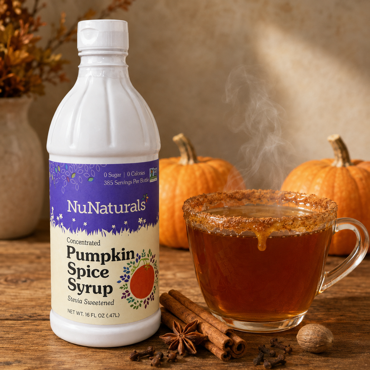 NuNaturals sugar-free Pumpkin Spice Syrup beside steaming tea with a syrup-and-cinnamon rim, pumpkins, and fall spices.
