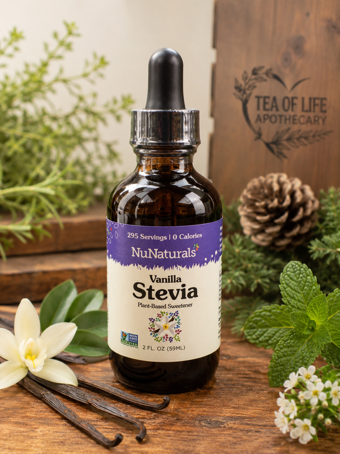 Bottle of NuNaturals Vanilla Liquid Stevia, a zero-calorie plant-based sweetener made with real vanilla extract, displayed on a rustic wooden surface with vanilla beans, fresh herbs, and natural apothecary décor.