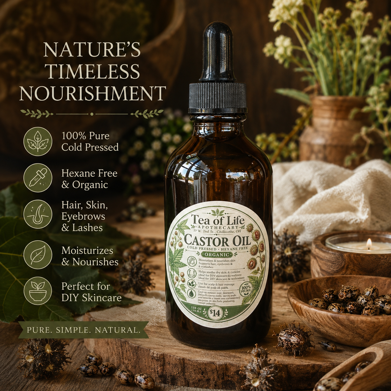 Tea of Life Apothecary organic castor oil in an amber glass dropper bottle, cold pressed and hexane free, displayed in a rustic botanical setting with castor beans and herbs.