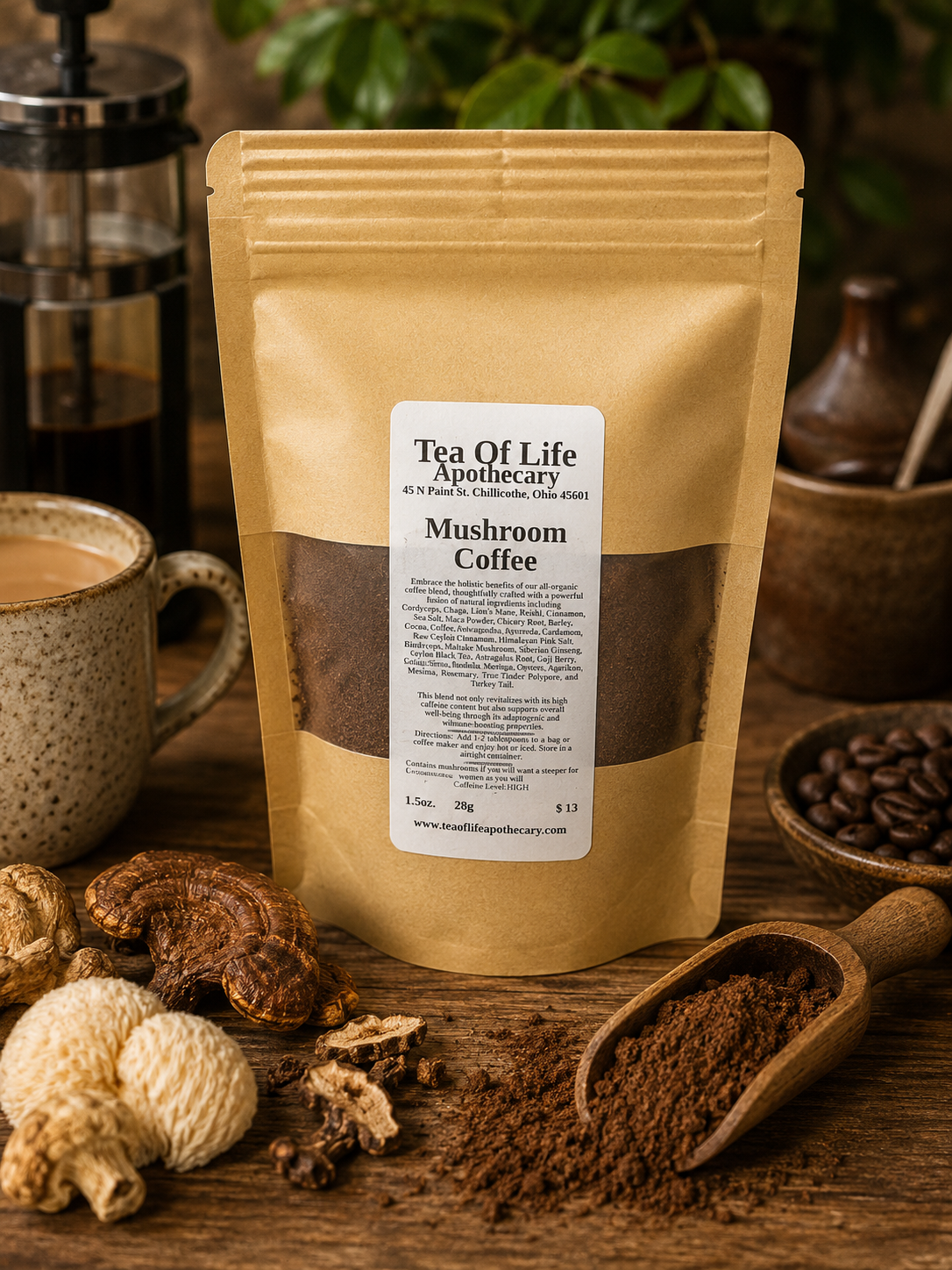 A stand-up kraft paper pouch labeled 'Mushroom Coffee' by Tea Of Life Apothecary, styled on a wooden surface with coffee beans, a cup of coffee, mushrooms, and a wooden scoop in a rustic setting.