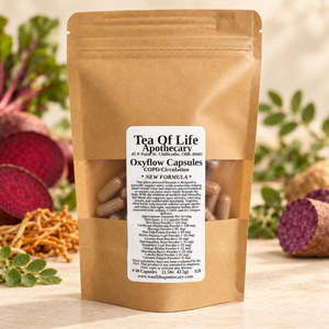 Tea of Life Apothecary Oxyflow Capsules in a kraft pouch, photographed with beetroot, leafy herbs, cordyceps, and purple sweet potato in a warm, softly lit setting.