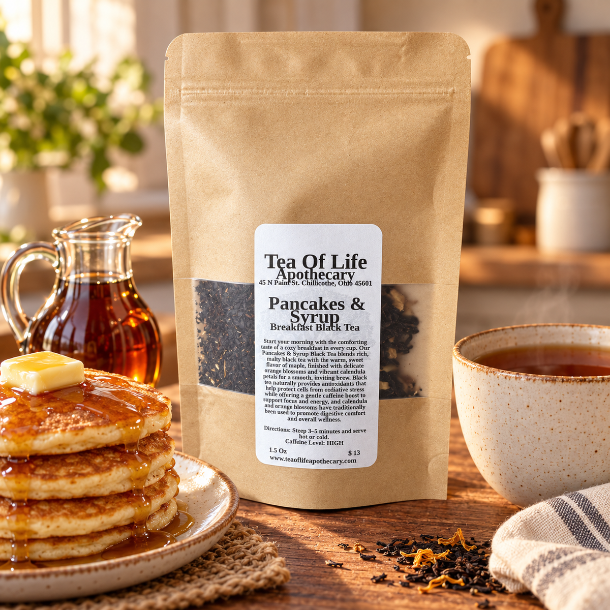 Tea of Life Apothecary Pancakes & Syrup Breakfast Black Tea displayed with a stack of buttery pancakes, maple syrup, and a warm cup of freshly brewed tea.