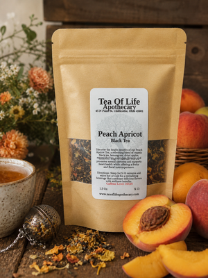 Tea of Life Apothecary Peach Apricot Black Tea displayed on a rustic wooden table with fresh peaches, ripe apricots, loose-leaf tea, a tea infuser, and a warm cup of tea. This fruity black tea blend features sweet peach and apricot flavors for a refreshing, aromatic tea experience.