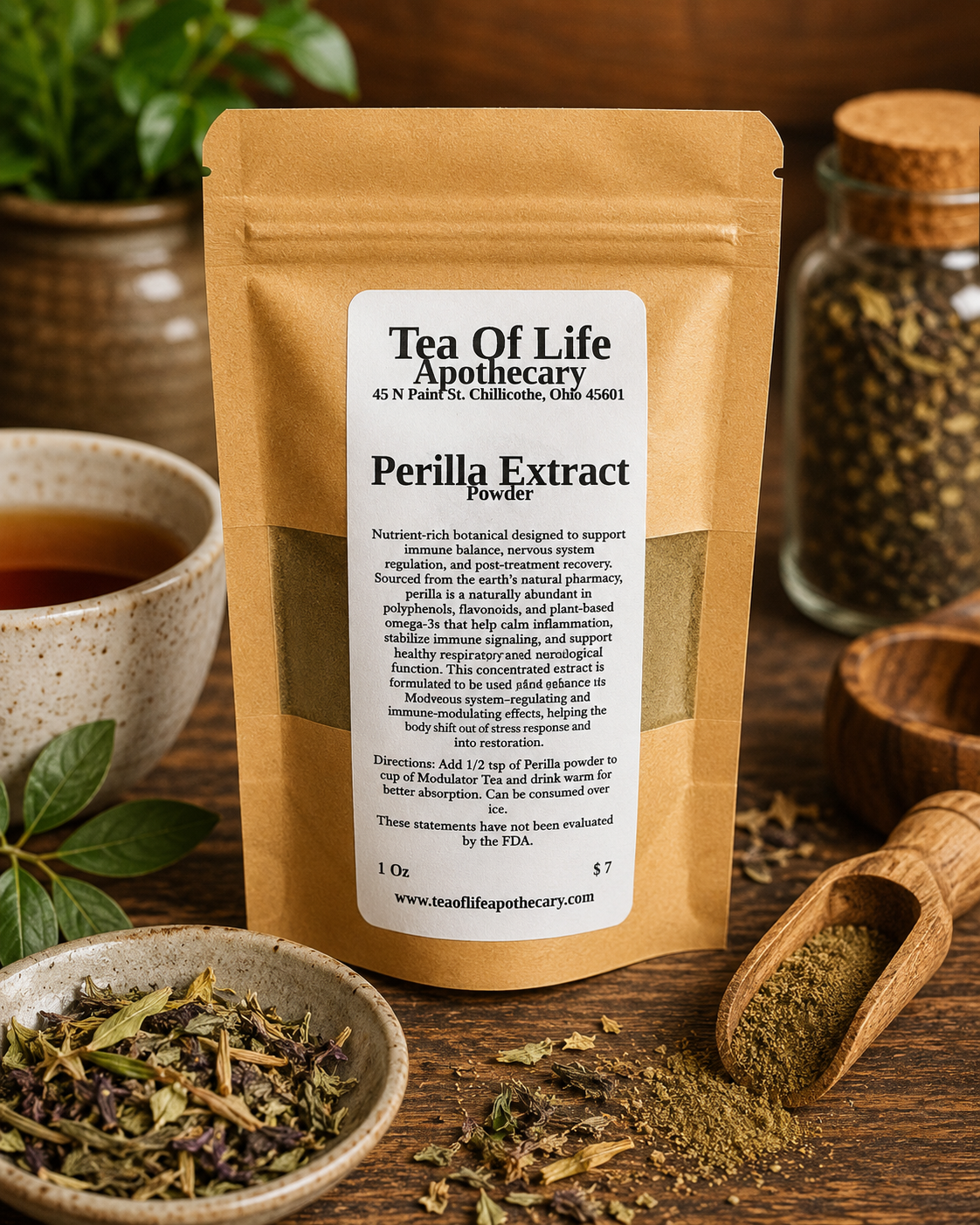 Tea of Life Apothecary Perilla Extract Powder displayed in a rustic apothecary setting with botanical herbs, a wooden scoop of perilla powder, and a warm cup of herbal tea. A premium botanical powder crafted to support immune balance, respiratory wellness, and nervous system health.