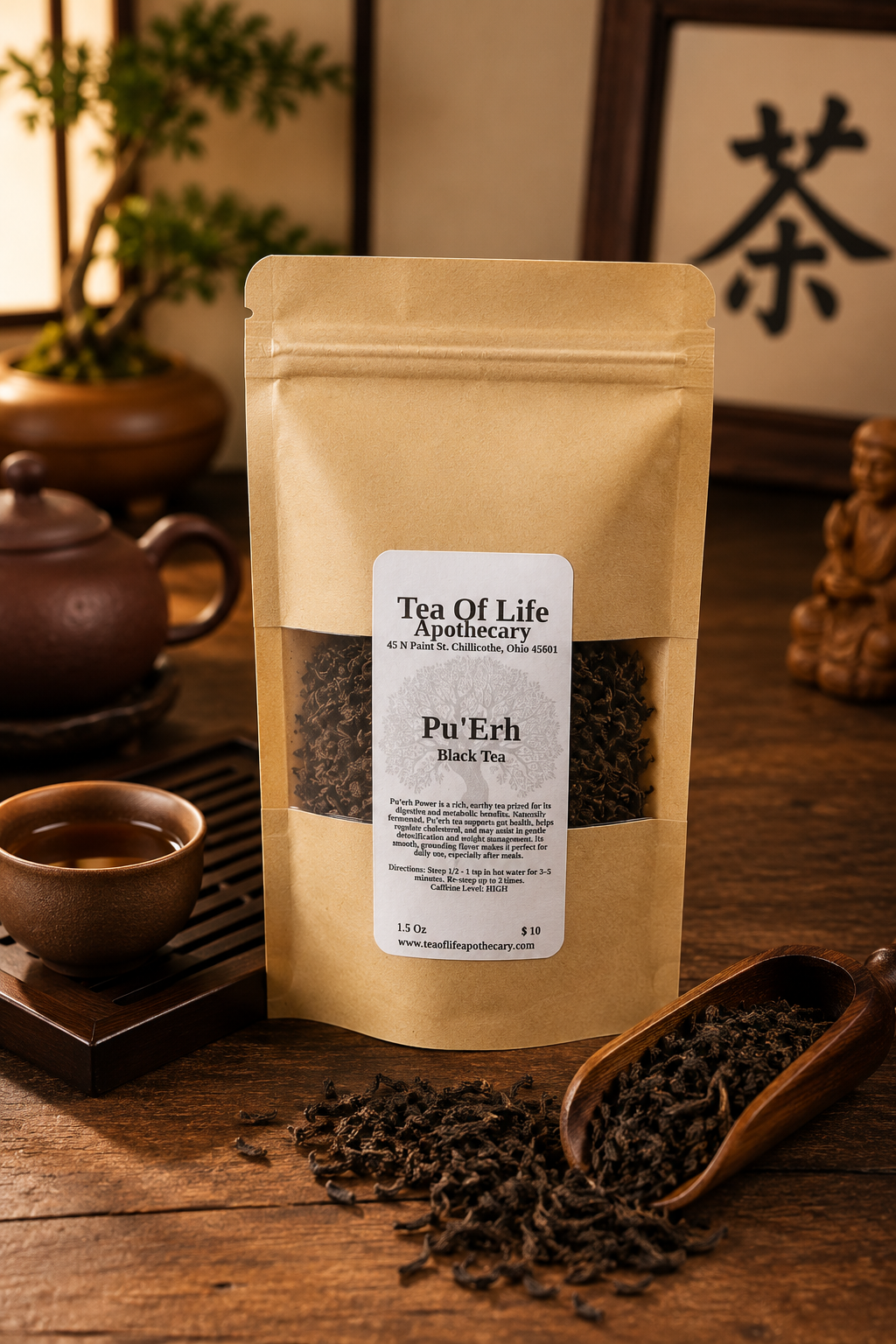 Tea of Life Apothecary PuErh Black Tea, a loose leaf fermented black tea displayed with a traditional teapot, teacup, and loose tea leaves in a rustic Asian-inspired tea ceremony setting.