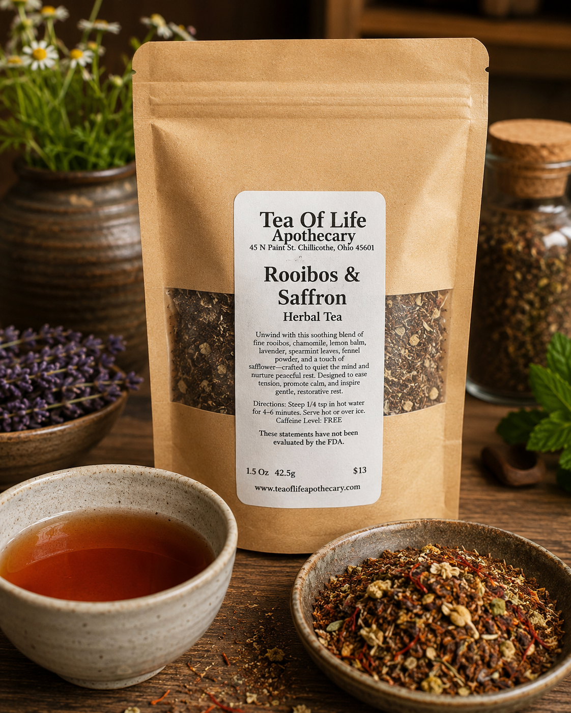 Tea of Life Apothecary Rooibos & Saffron Herbal Tea displayed in a rustic apothecary setting with a freshly brewed cup of herbal tea and loose rooibos, saffron, chamomile, and botanical ingredients. Naturally caffeine-free and crafted to promote calm, relaxation, and peaceful rest.