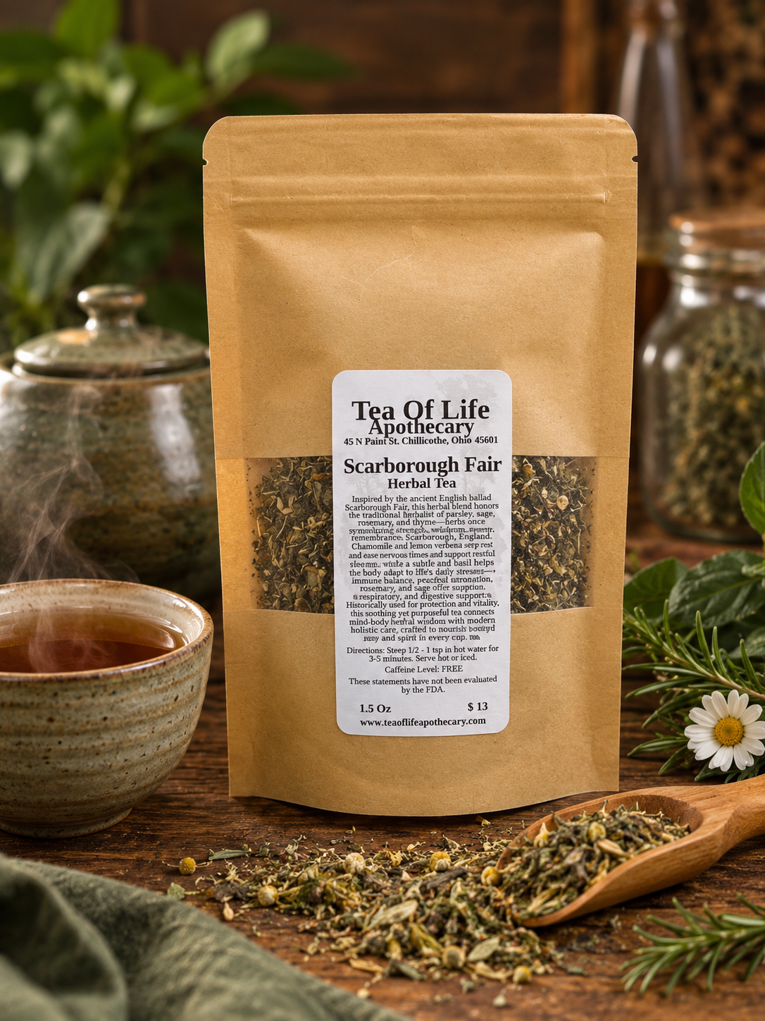 Tea of Life Apothecary Scarborough Fair Herbal Tea in a kraft pouch with a steaming cup of herbal tea, loose herbs, chamomile flowers, rosemary, and a rustic teapot in a cozy countryside setting.