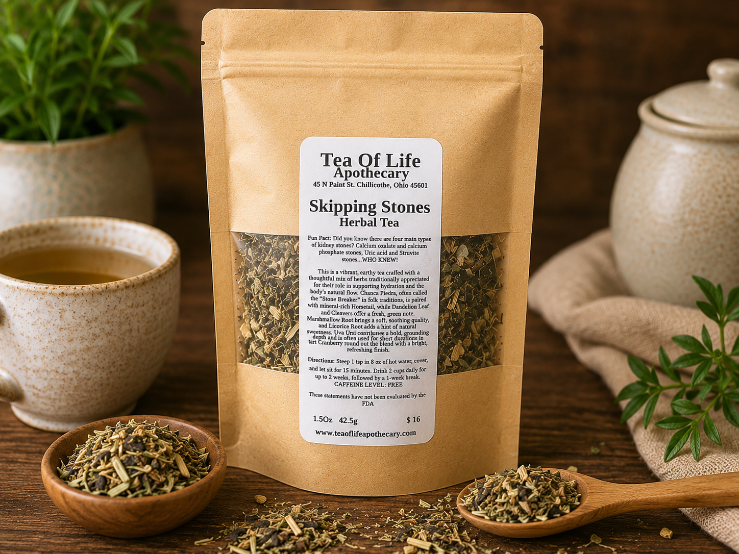 Tea of Life Apothecary Skipping Stones Herbal Tea displayed on a rustic wooden table with loose herbal tea, a steaming cup of tea, and natural botanical accents. This caffeine-free herbal blend features traditional herbs including chanca piedra, horsetail, dandelion leaf, cleavers, marshmallow root, uva ursi, licorice root, hibiscus, and cranberry in a warm apothecary-inspired setting.