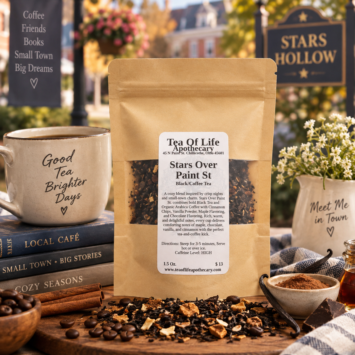 Stars Over Paint St Black Tea and Coffee Blend from Tea of Life Apothecary, featuring black tea, organic Arabica coffee, cinnamon, vanilla, maple and chocolate flavors. A cozy small-town inspired loose leaf tea and coffee blend handcrafted in Chillicothe, Ohio.