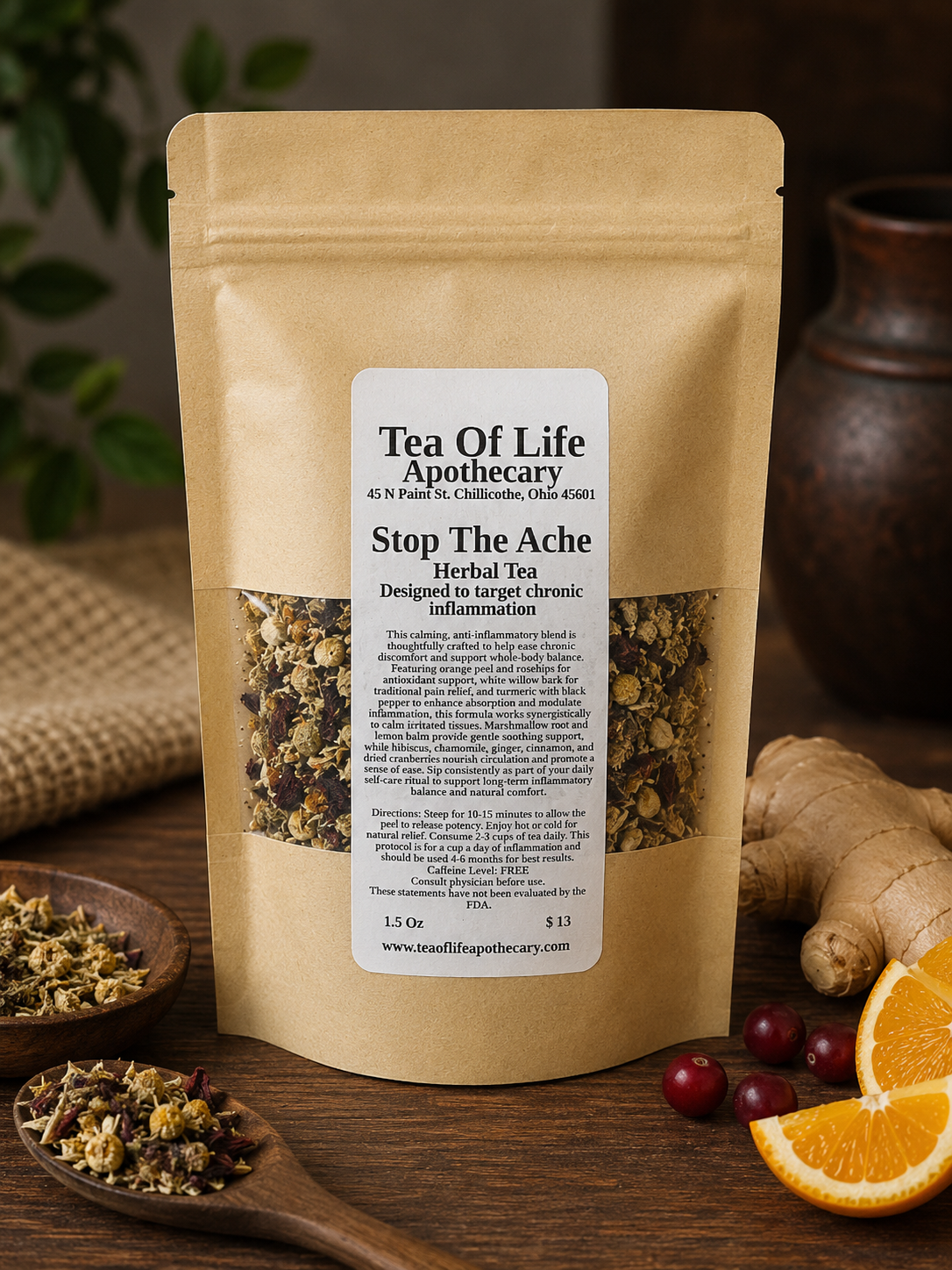 Stop The Ache Herbal Tea by Tea of Life Apothecary displayed in a rustic herbal apothecary setting with anti-inflammatory ingredients including ginger, chamomile, orange peel, hibiscus, and cranberries to support chronic inflammation and natural comfort.