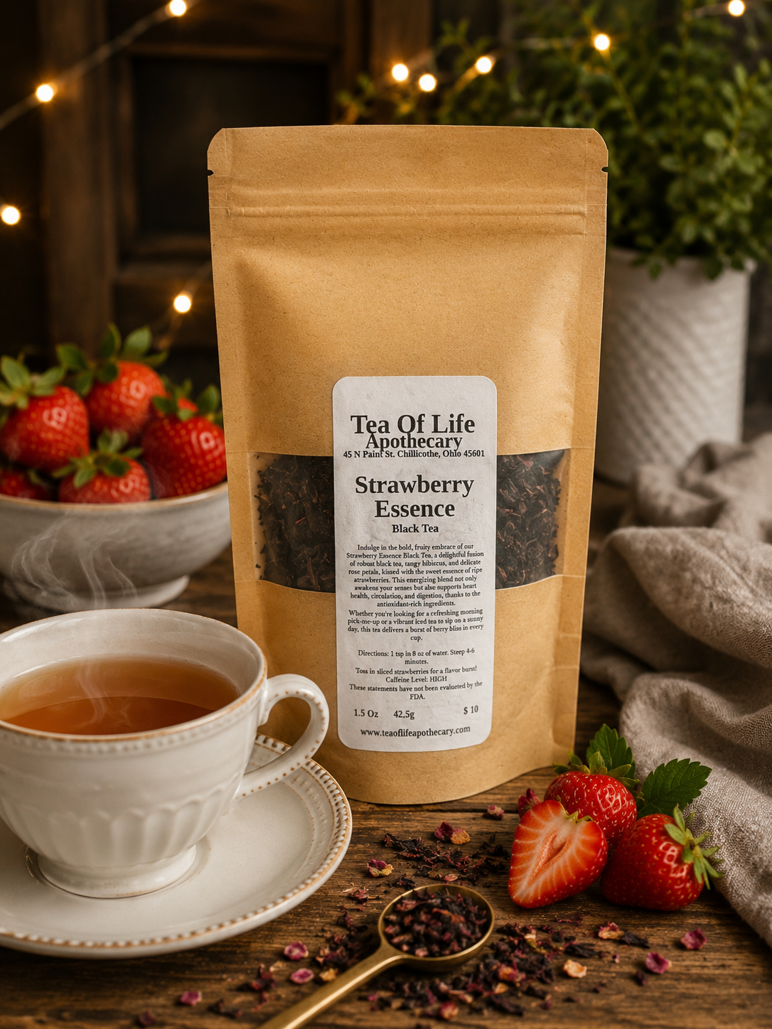 Tea of Life Apothecary Strawberry Essence Black Tea displayed in a rustic setting beside a steaming cup of black tea and fresh ripe strawberries. Loose leaf strawberry black tea is scattered on the wooden table, highlighting the blend's fruity aroma and smooth, antioxidant-rich flavor for a cozy tea experience.