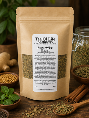 SugarWise Herbal Tea by Tea of Life Apothecary displayed in a rustic herbal setting with gymnema, cinnamon, fenugreek, holy basil, ginger, and dandelion root designed to support healthy blood sugar balance and metabolic wellness.
