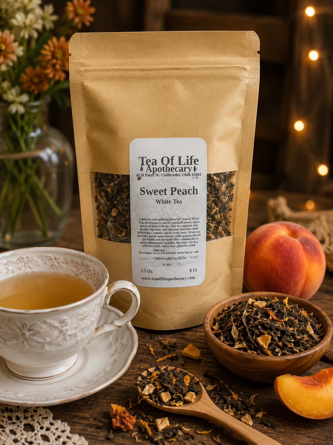 A stand-up kraft paper pouch of Tea Of Life Apothecary Sweet Peach White Tea stands on a rustic wooden table, with a white teacup of tea, bowls of loose tea and peach pieces, and peaches nearby. Warm string lights and flowers are softly blurred in the background.