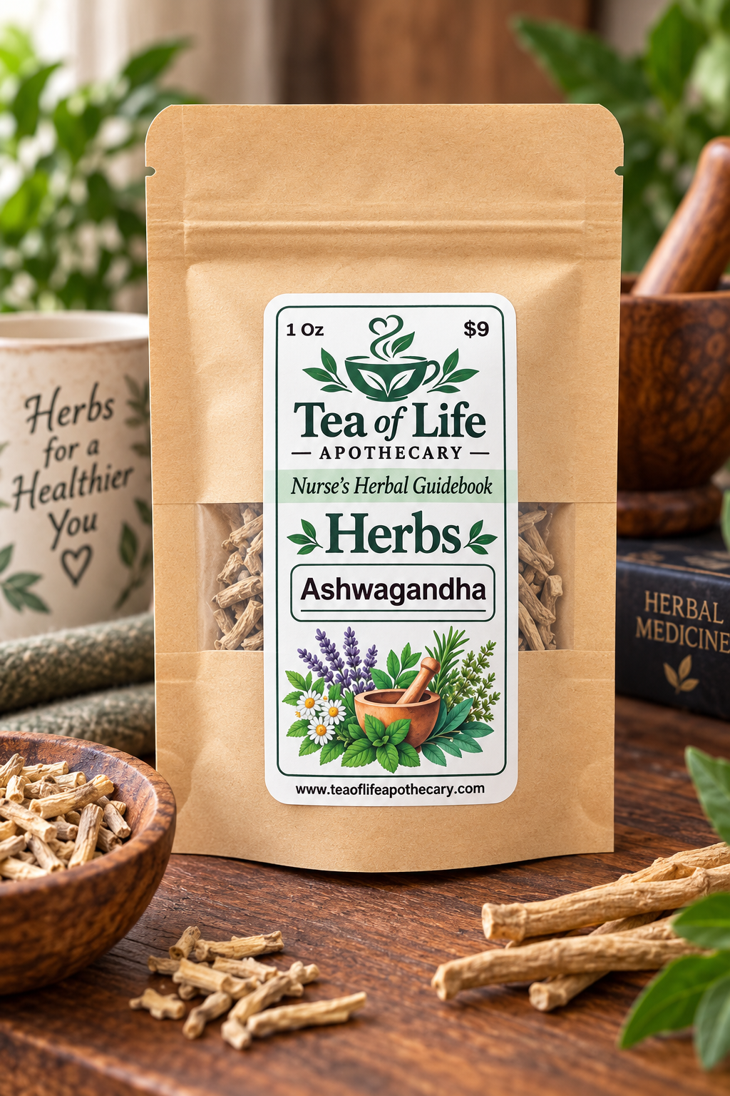 Tea of Life Apothecary Nurse’s Herbal Guidebook Ashwagandha herb pouch featuring dried lavender for learning about traditional herbal uses and home apothecary practices.