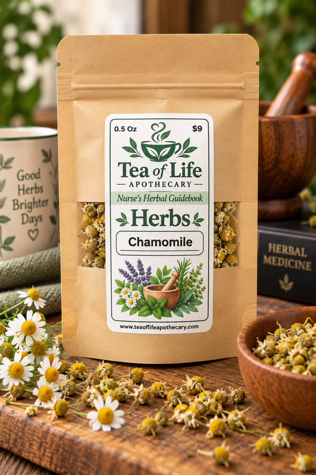 Tea of Life Apothecary Nurse’s Herbal Guidebook Chamomile Flowers, dried chamomile packaged for herbal education, traditional tea and herbal preparations, and building a home apothecary.