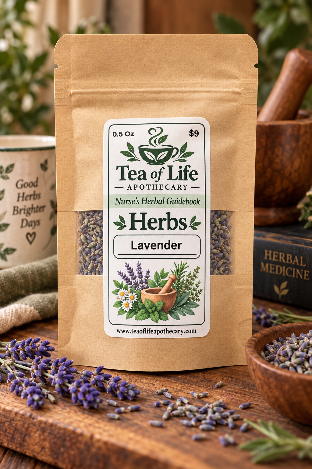 Tea of Life Apothecary Nurse’s Herbal Guidebook Lavender herb pouch featuring dried lavender for learning about traditional herbal uses and home apothecary practices.
